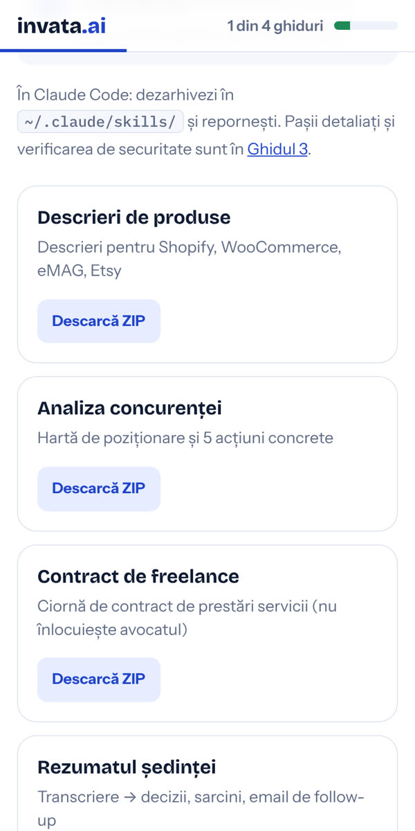 Skill-urile: fiecare cu descriere și buton de descărcare